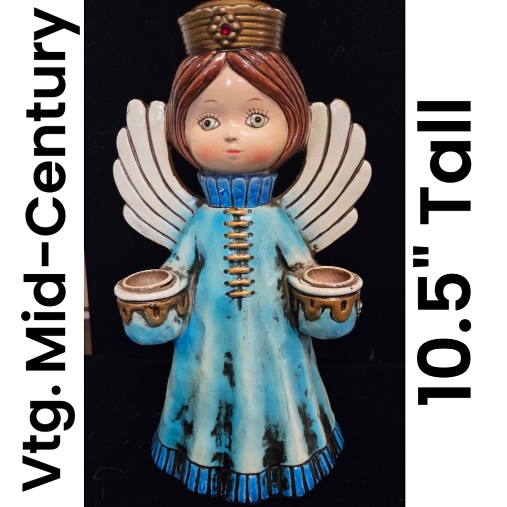Vintage Mid-Century Angel Figurine Candle Holder- Blue and Brown 10.5" Tall